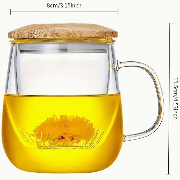 Taza de Té de Borosilicato con Infusor de Vidrio y Tapa de Madera. 420 ml.