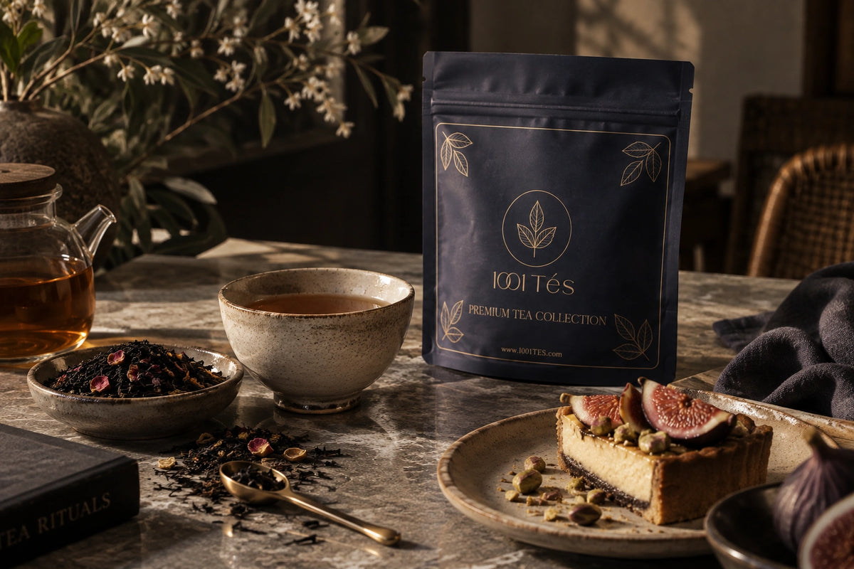 Té de hoja suelta dispuesto para acompañar repostería