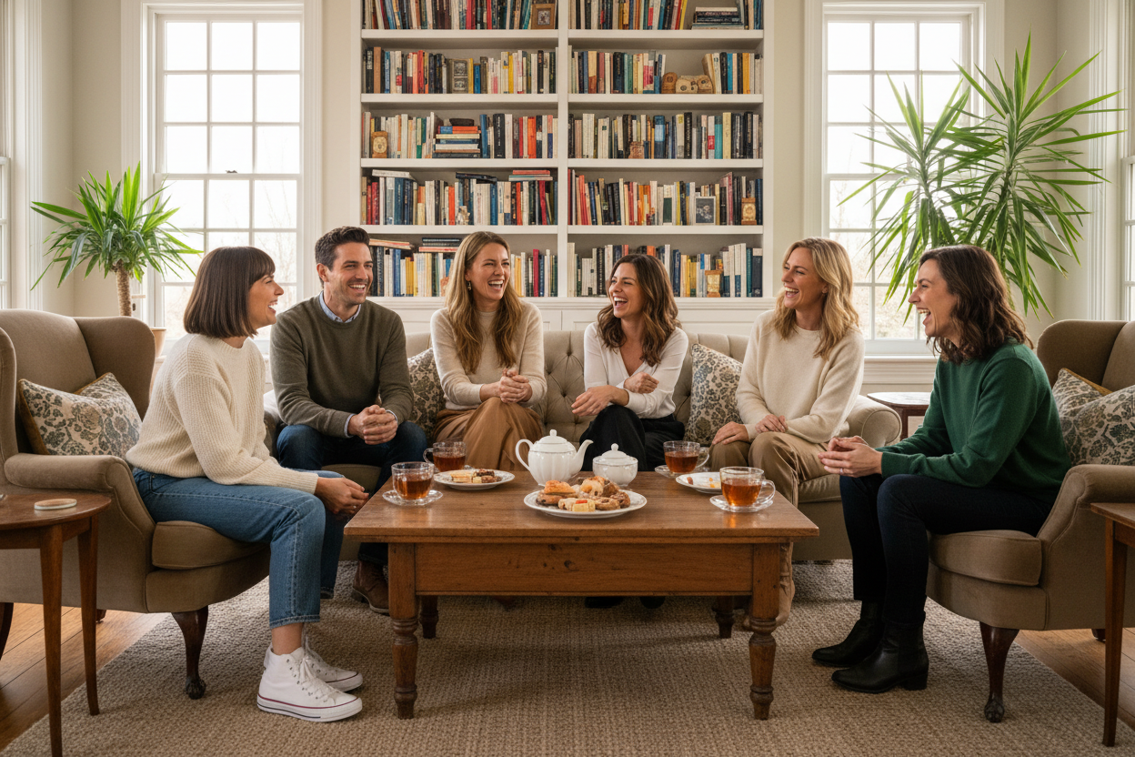 Grupo tomando té con librería blanca