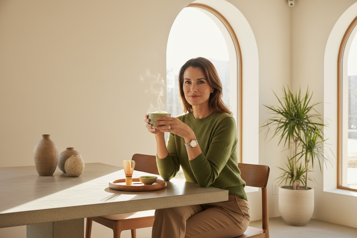 matcha and green tea cup with hot woman in their 30s