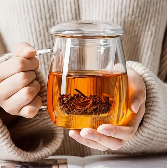 Taza de Té de Borosilicato de alta resistencia con Infusor y Tapa de Vidrio.