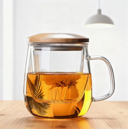 Taza de Té de Borosilicato con Infusor de Vidrio y Tapa de Madera. 420 ml.