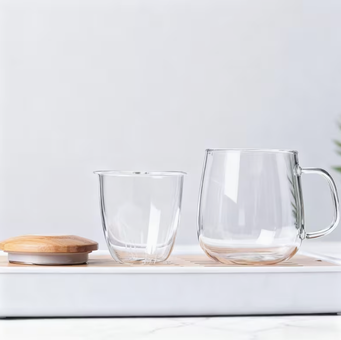 Taza de Té de Borosilicato con Infusor de Vidrio y Tapa de Madera. 420 ml.