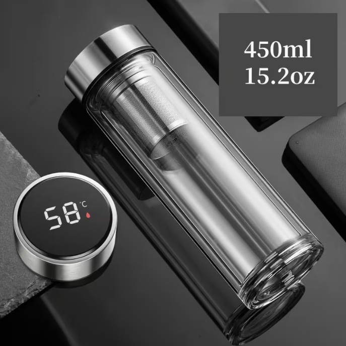 Termo de té transparente con pantalla LED y display medidor de temperatura